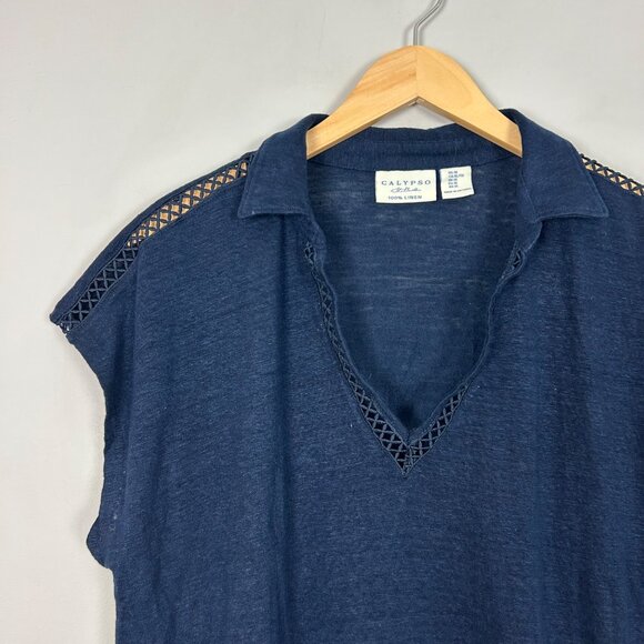 Calypso St Barth Navy Linen Boxy Polo Tee Cutout Detail Size XL Women's - Picture 2 of 4